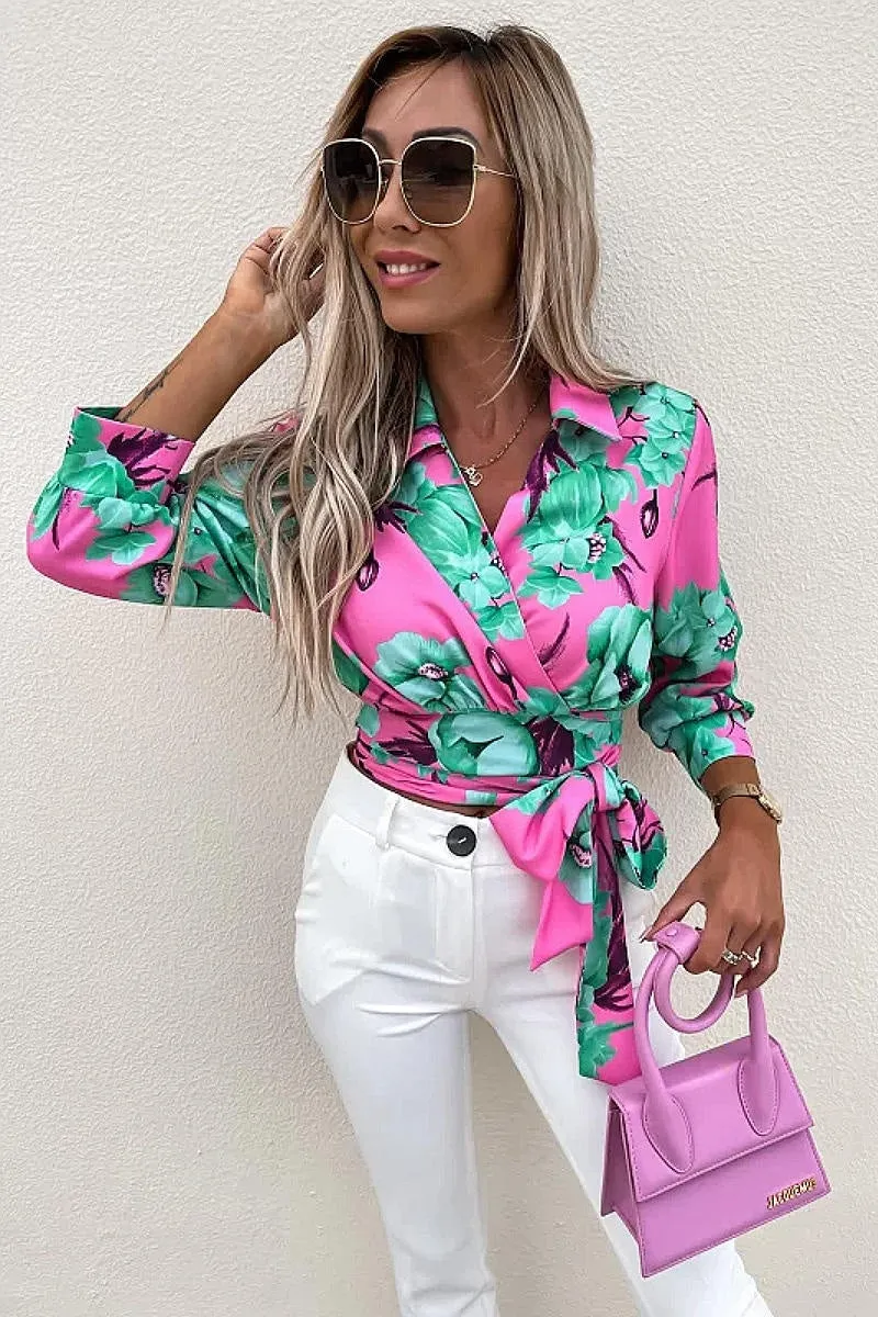 Fuchsia Floral Tie Front 3/4 Sleeve Crop Top