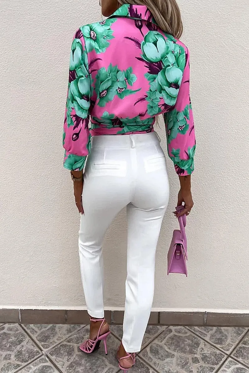 Fuchsia Floral Tie Front 3/4 Sleeve Crop Top