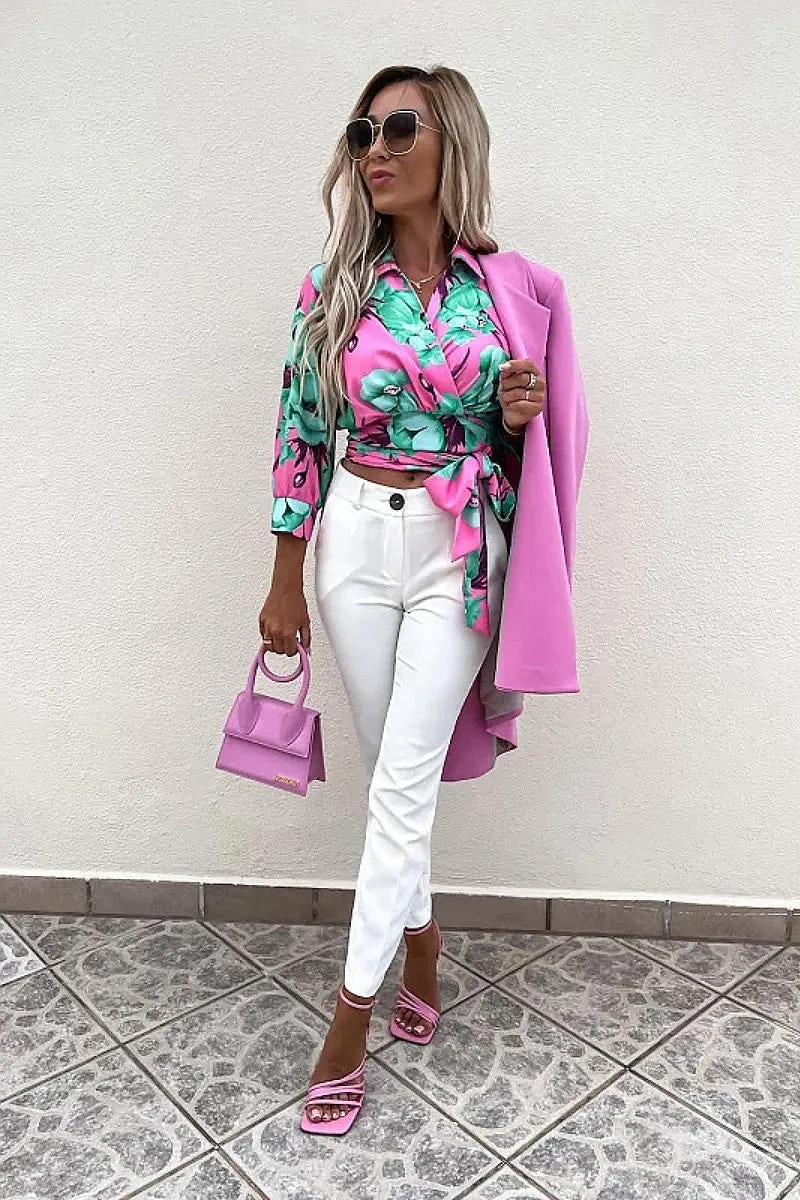 Fuchsia Floral Tie Front 3/4 Sleeve Crop Top