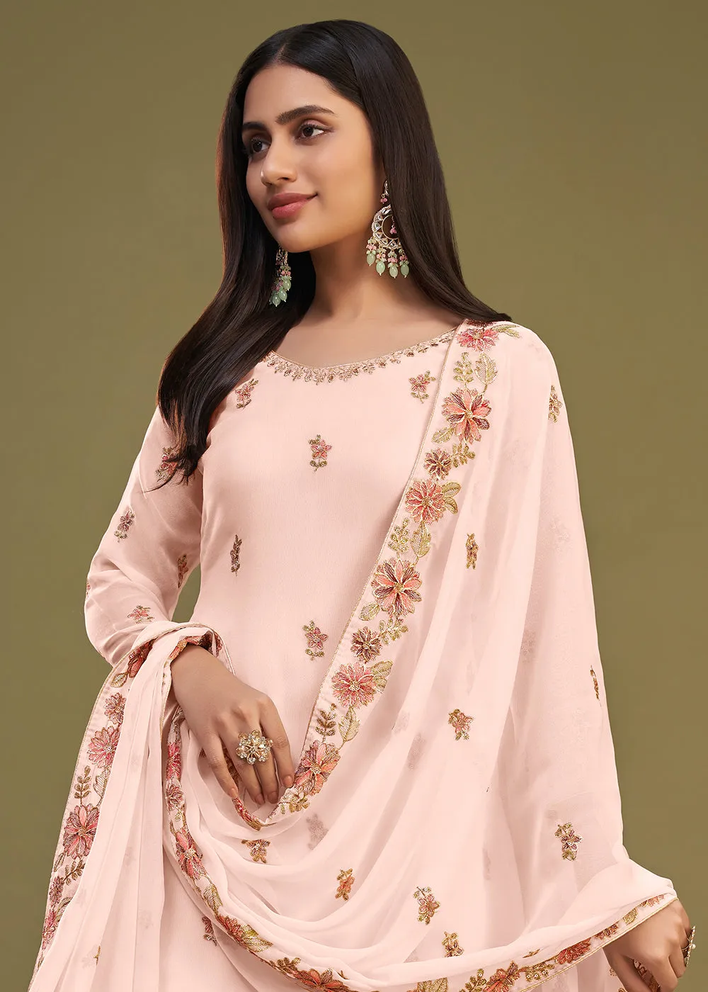 Georgette Peach Multi Thread Embroidered Gharara Suit