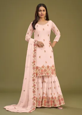 Georgette Peach Multi Thread Embroidered Gharara Suit