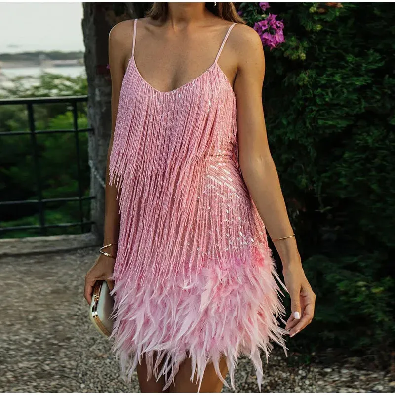 Glamorous Tassel Sequins and Feather Mini Dress for Women - Perfect for Evening Parties and Club Nights