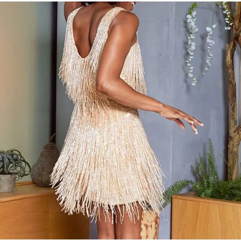 Glamorous Tassel Sequins and Feather Mini Dress for Women - Perfect for Evening Parties and Club Nights