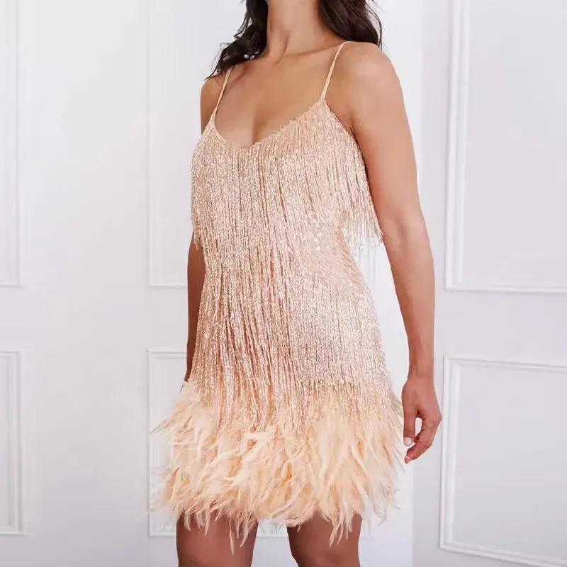 Glamorous Tassel Sequins and Feather Mini Dress for Women - Perfect for Evening Parties and Club Nights