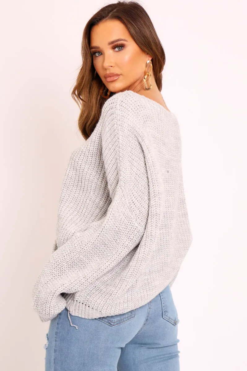 Grey Knitted Ruched Tie Front Jumper - Soraya