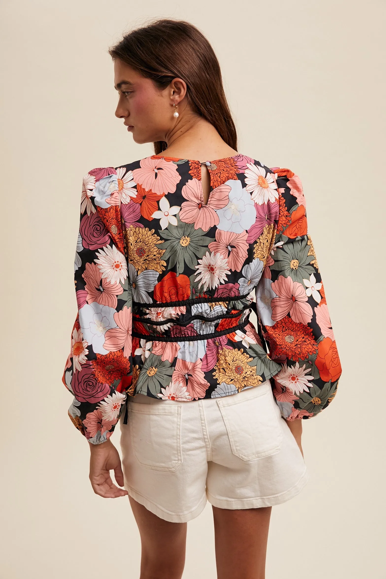 Harmony Long Sleeve Floral Print Top Black