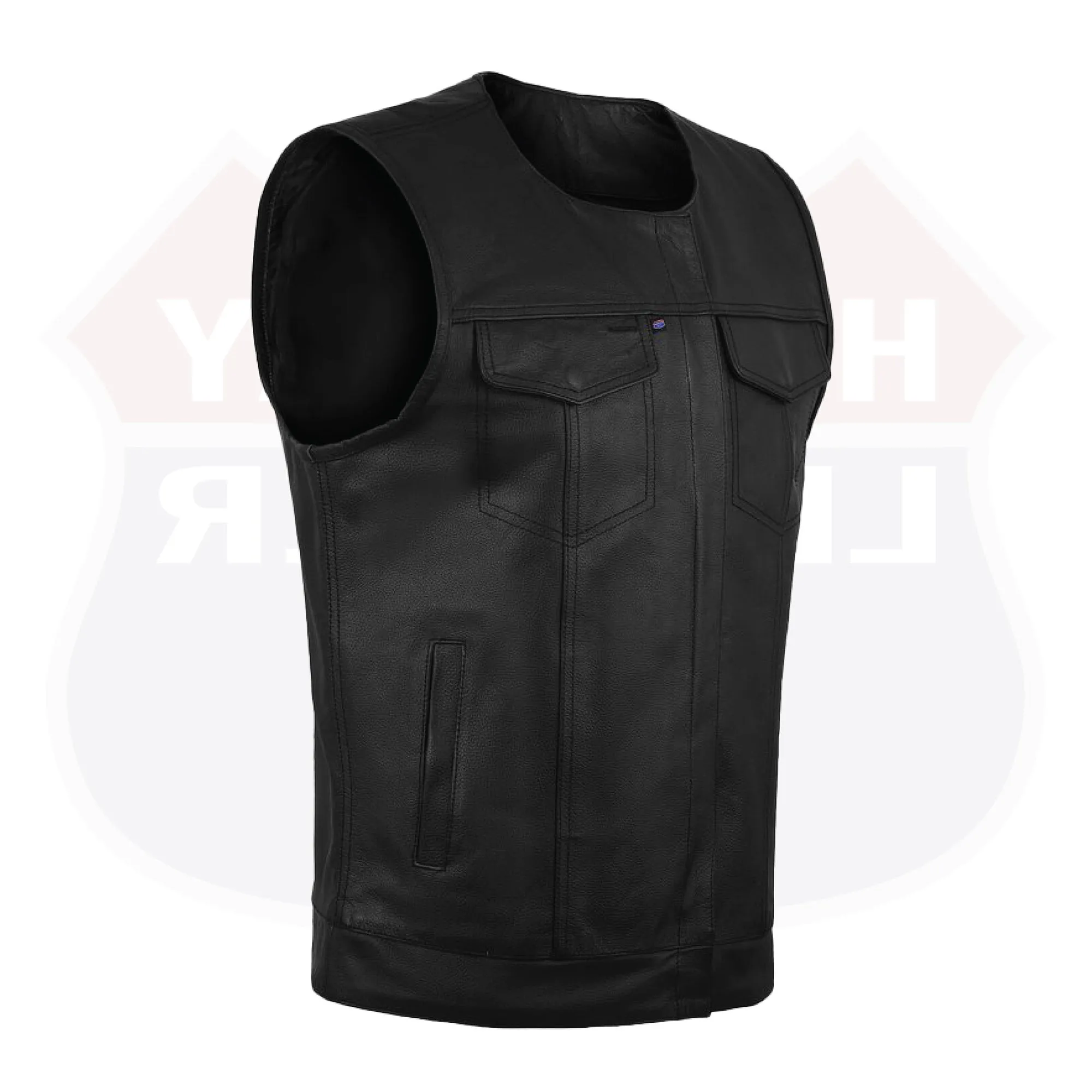 HL11639SPT Collarless Leather Vest Motorcycle Biker Club Concealed Carry Outlaws