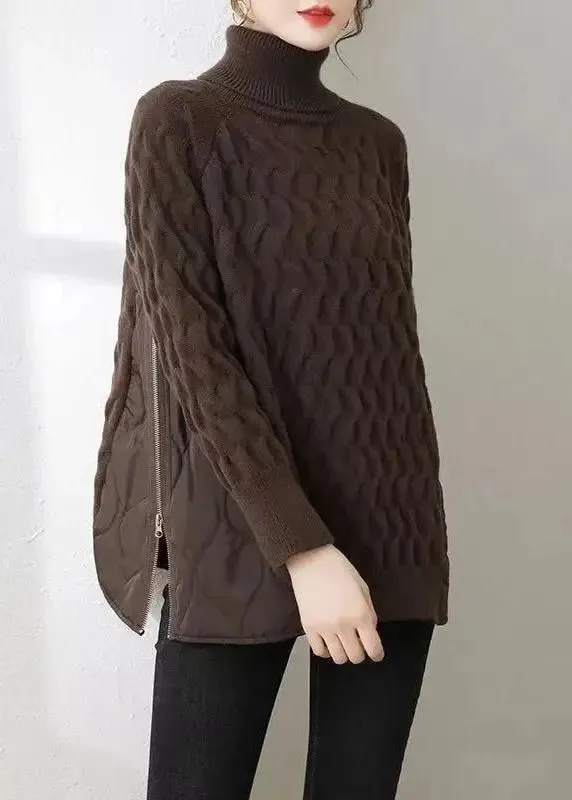 Italian Coffee Hign Neck Zippered Patchwork Knit Sweater Winter ML1019