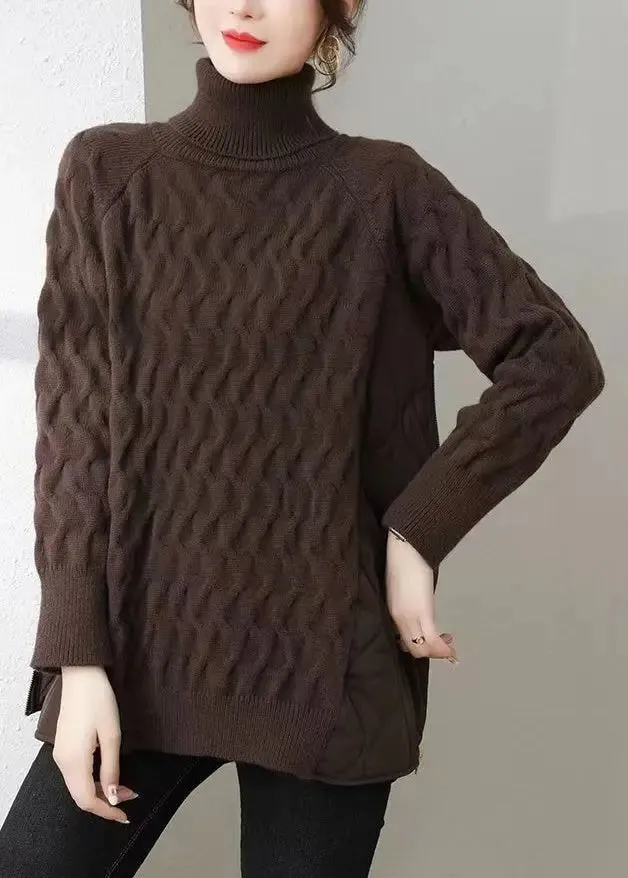 Italian Coffee Hign Neck Zippered Patchwork Knit Sweater Winter ML1019