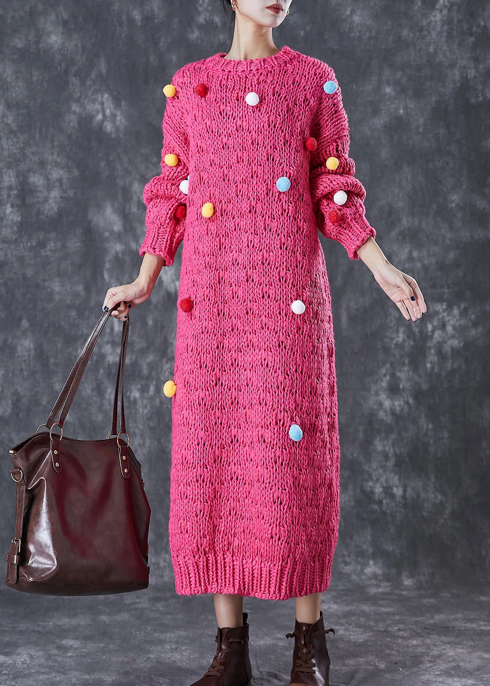 Italian Rose Fuzzy Ball Decorated Knit Long Sweater Dress Winter ML1765