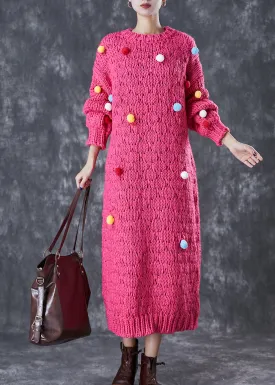 Italian Rose Fuzzy Ball Decorated Knit Long Sweater Dress Winter ML1765