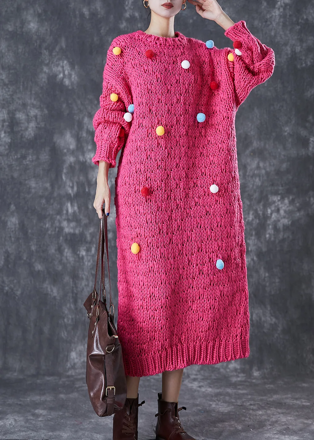 Italian Rose Fuzzy Ball Decorated Knit Long Sweater Dress Winter ML1765