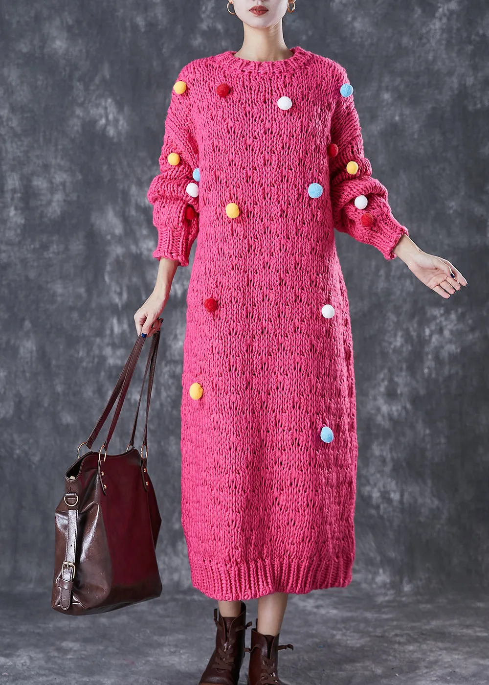 Italian Rose Fuzzy Ball Decorated Knit Long Sweater Dress Winter ML1765