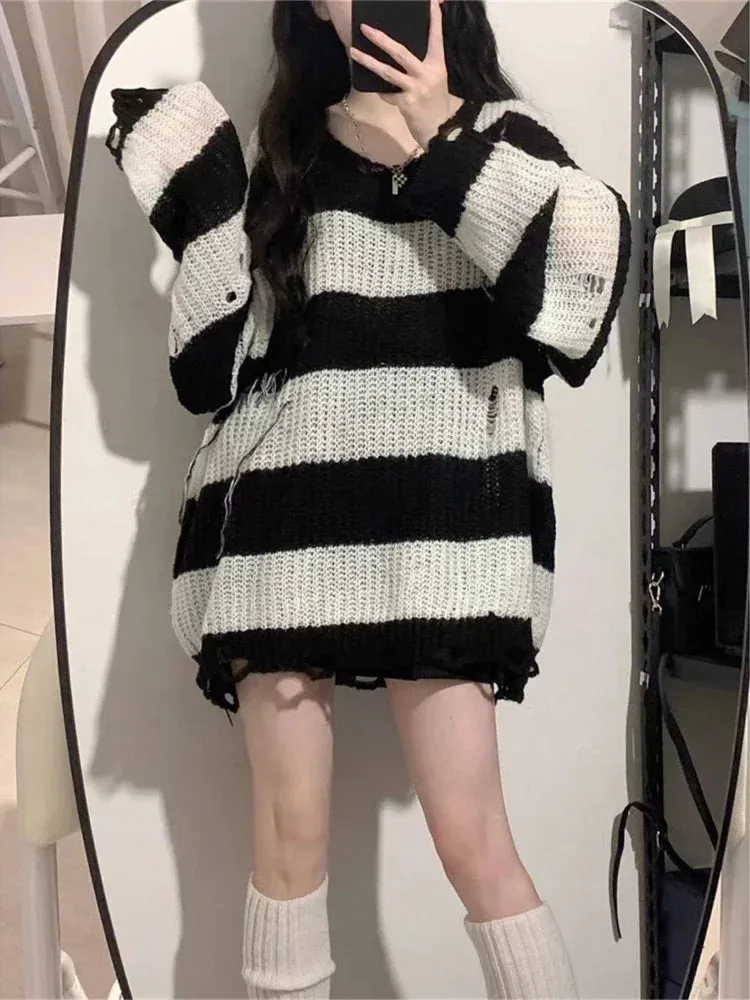 Knitted & Striped Oversized Pullover With Holes