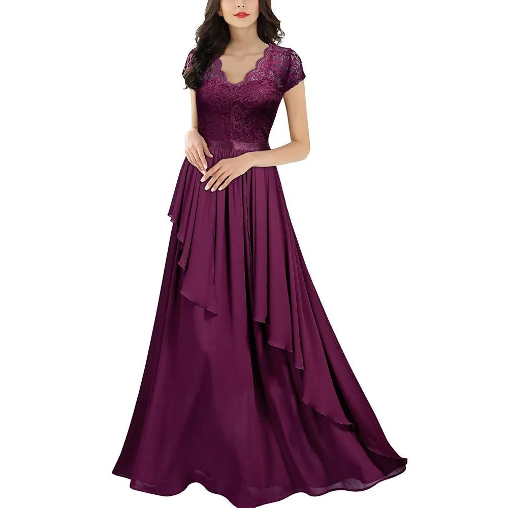 Lace Chiffon Bridesmaid Dress V Neck Ruffles Event Dress Mother Of The Bride Outfit