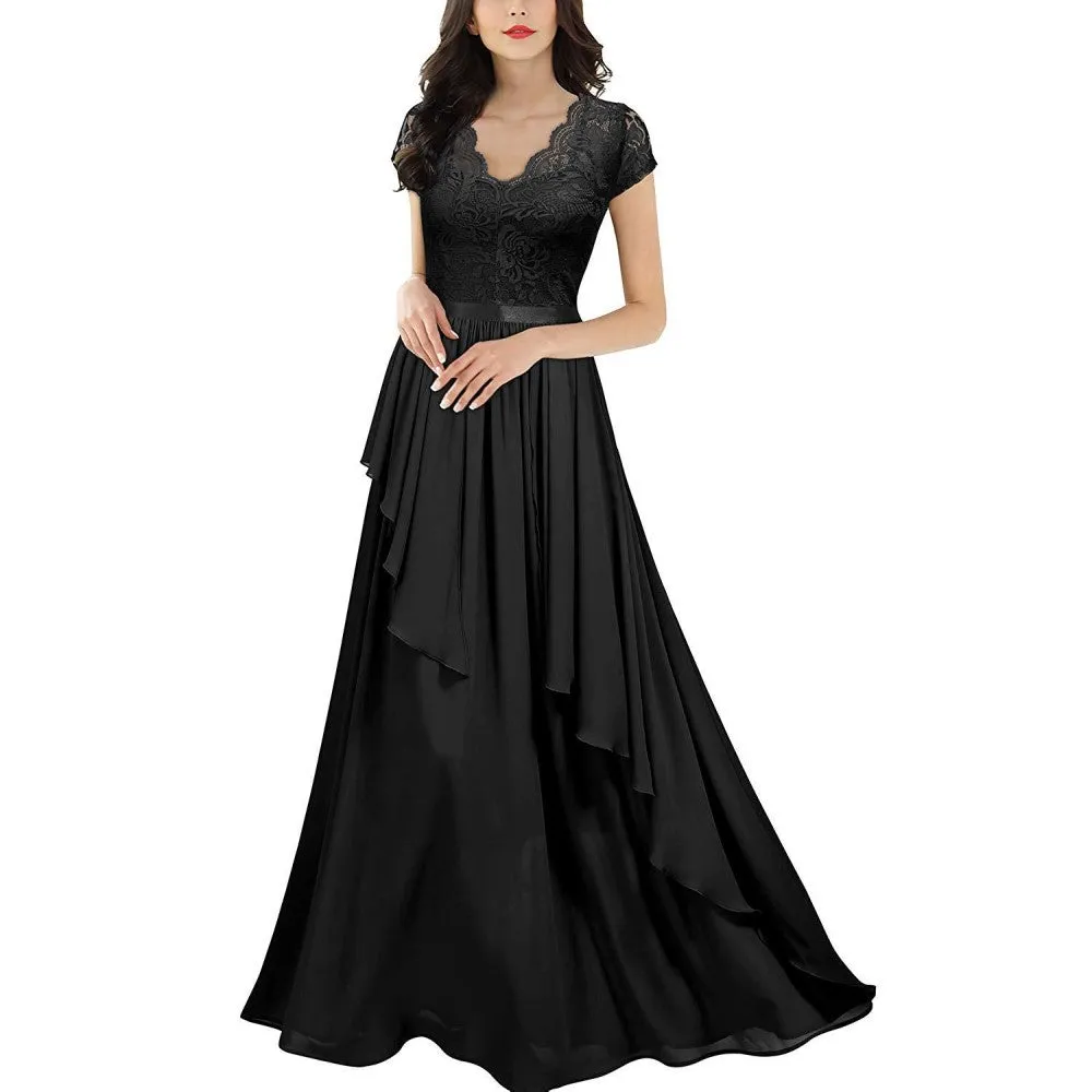 Lace Chiffon Bridesmaid Dress V Neck Ruffles Event Dress Mother Of The Bride Outfit