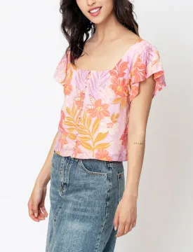 Leila Floral Printed Button Down Square Neck Top In Pink Multi