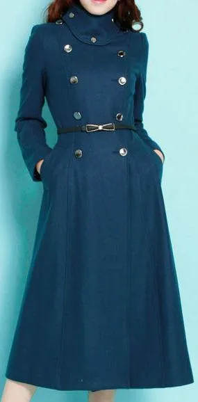 Long Alpaca Wool Pea Coat in Blue