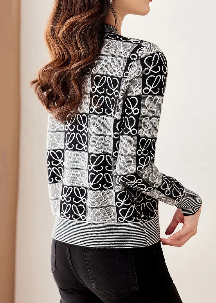 Loose Black V Neck Button Patchwork Knit Tops Fall ML1794