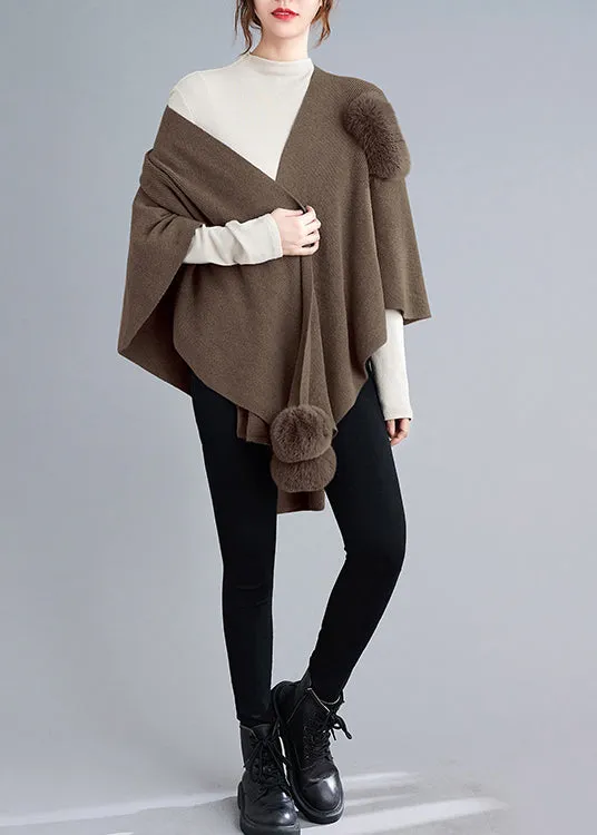 Loose Khaki Asymmetrical Fuzzy Ball Patchwork Knit Cape Coats Fall