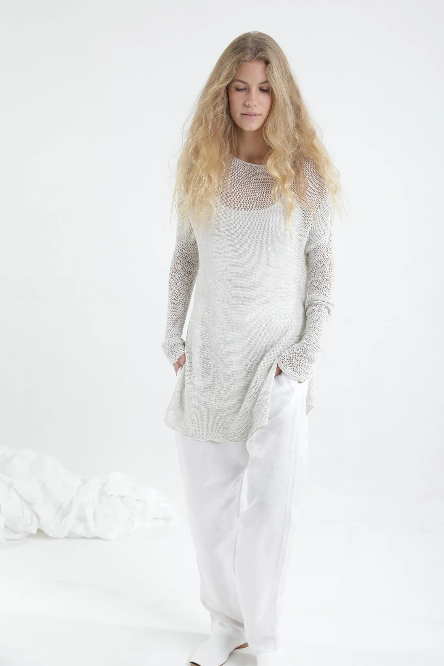 Loose knit sweater with side slits - Broken white