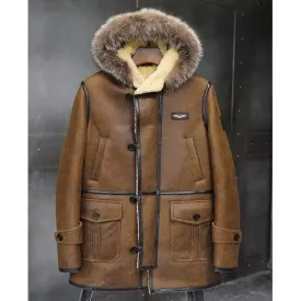 Men's Bomber Hooded Mink Fur Shearling Leather Long Jacket Coat