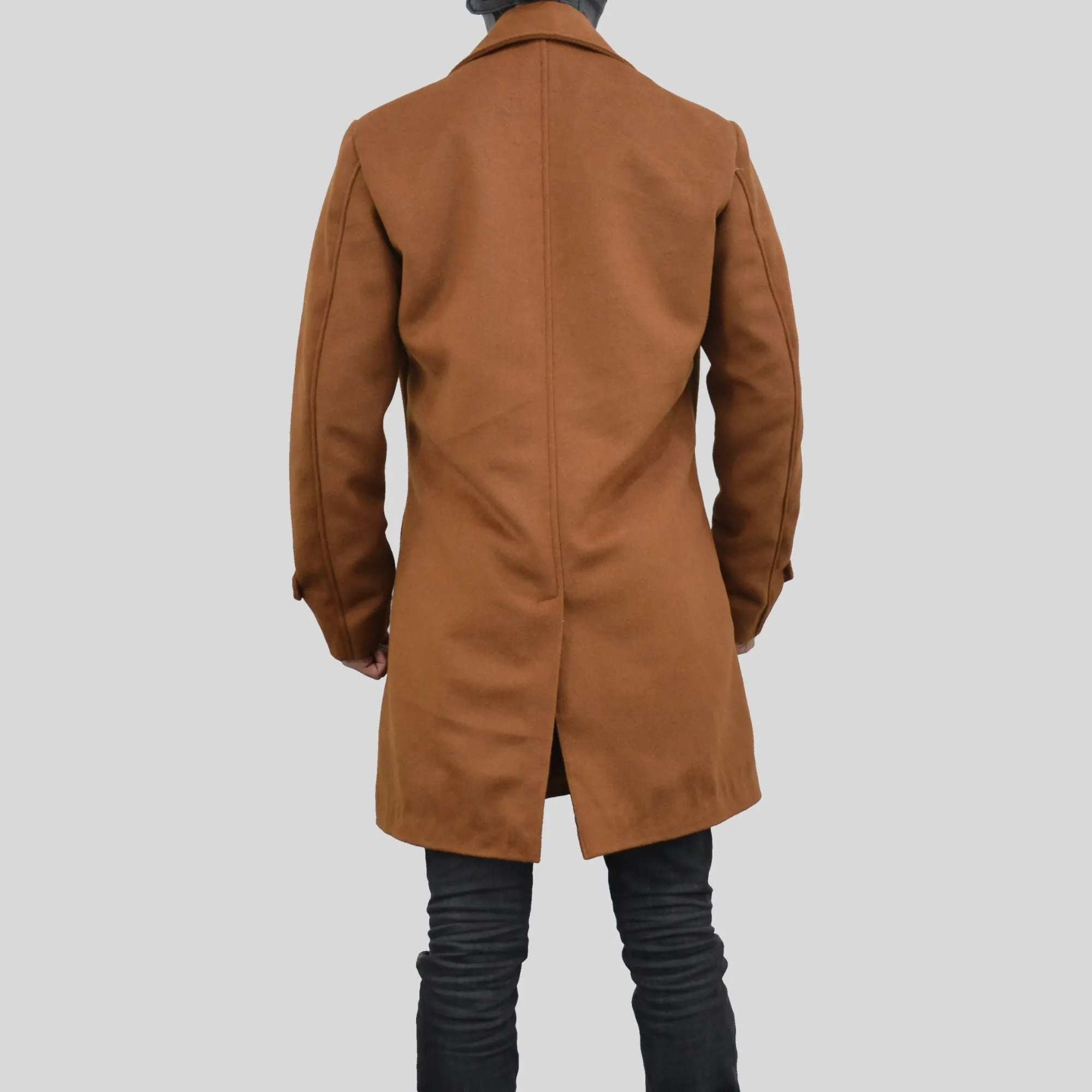 Men's Single Breasted Slim Fit Brown Three Quarter Wool Coat