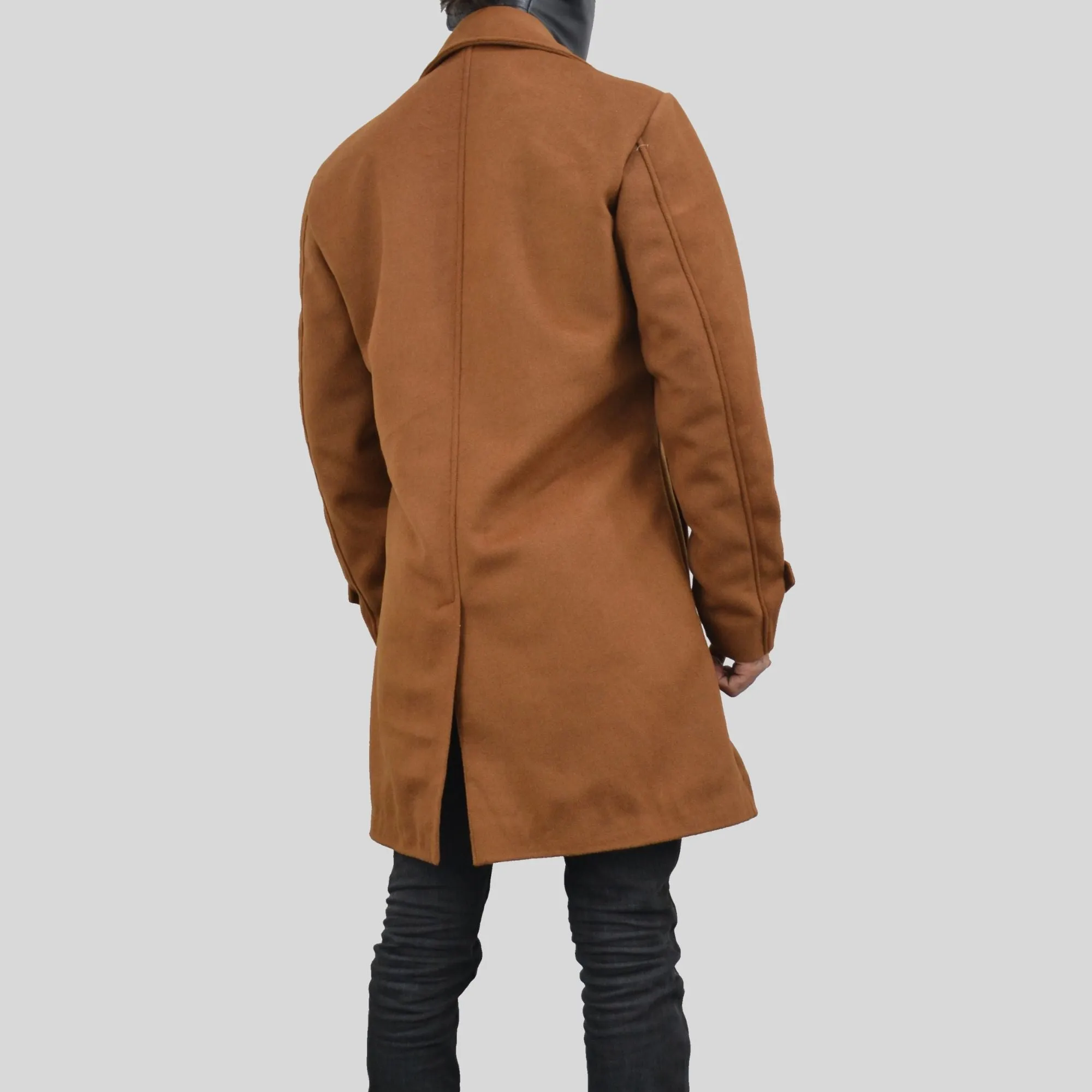 Men's Single Breasted Slim Fit Brown Three Quarter Wool Coat