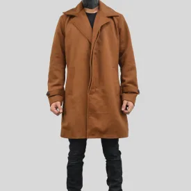 Men's Single Breasted Slim Fit Brown Three Quarter Wool Coat