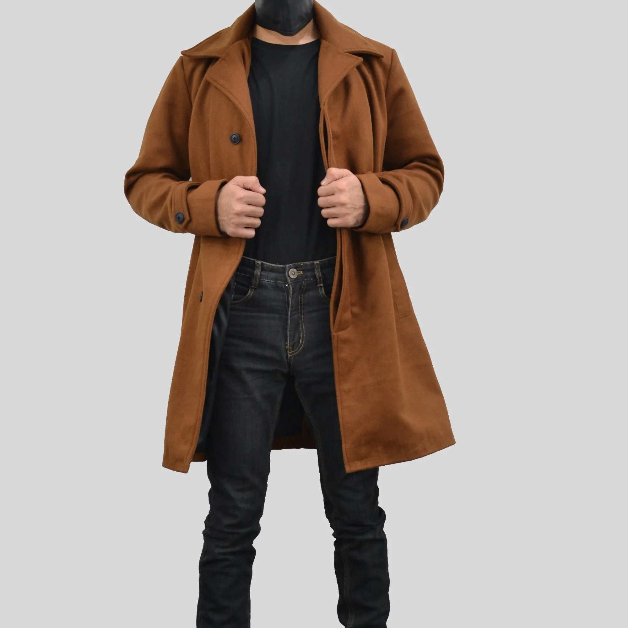 Men's Single Breasted Slim Fit Brown Three Quarter Wool Coat