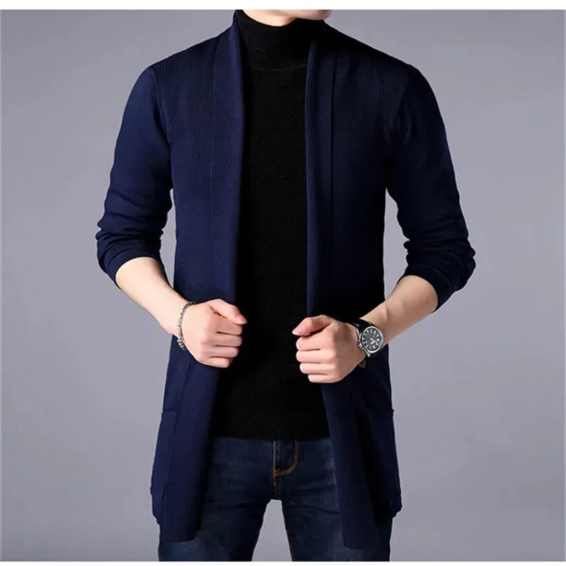 Mens Slim Fit Long Solid Colour Knitted Casual Sweater Cardigan Coat