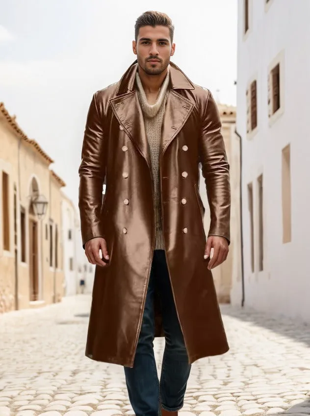 Men's Winter Long Coat  Leather Double-Breasted German Military Jacket | 1217-FY8