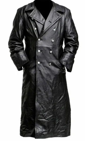 Men's Winter Long Coat  Leather Double-Breasted German Military Jacket | 1217-FY8