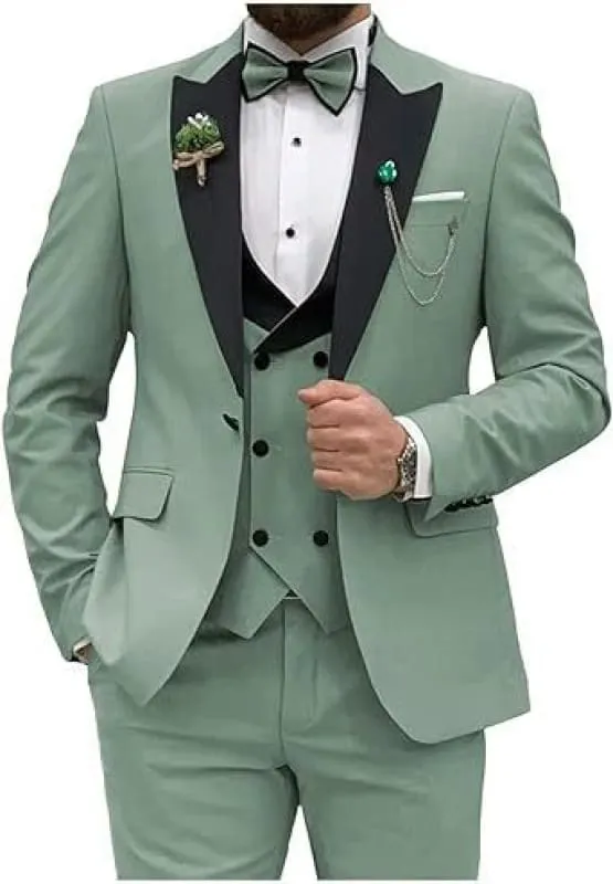 Mint Green Men’s Three-piece Slim Fit Suit with Black Lapels