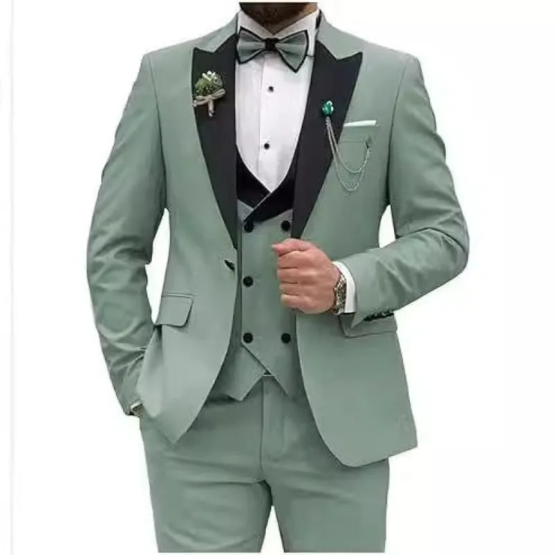 Mint Green Men’s Three-piece Slim Fit Suit with Black Lapels