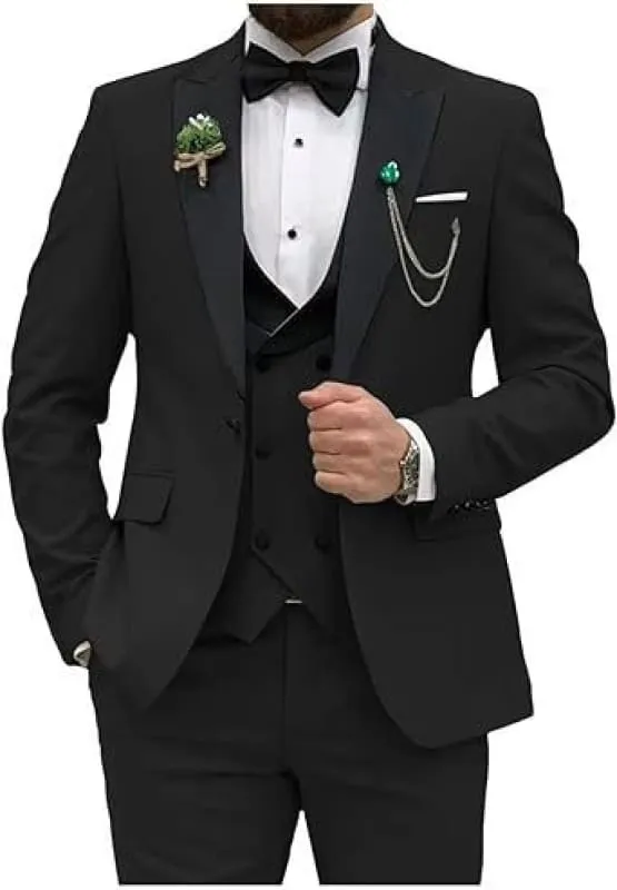 Mint Green Men’s Three-piece Slim Fit Suit with Black Lapels