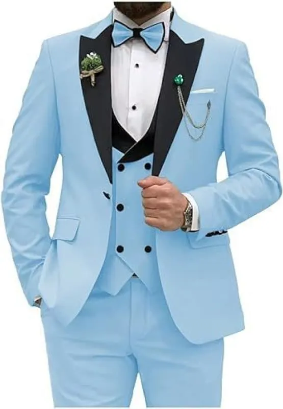 Mint Green Men’s Three-piece Slim Fit Suit with Black Lapels