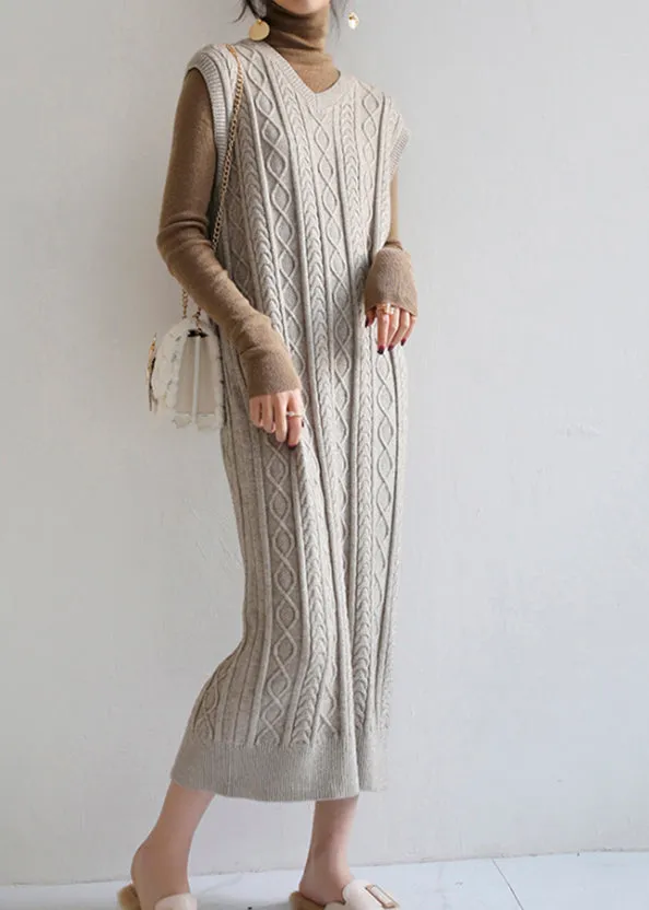 Modern Grey V Neck Cable Long Knit Waistcoat Sweaters Dress Fall LY9981