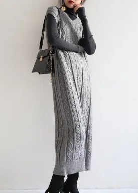 Modern Grey V Neck Cable Long Knit Waistcoat Sweaters Dress Fall LY9981