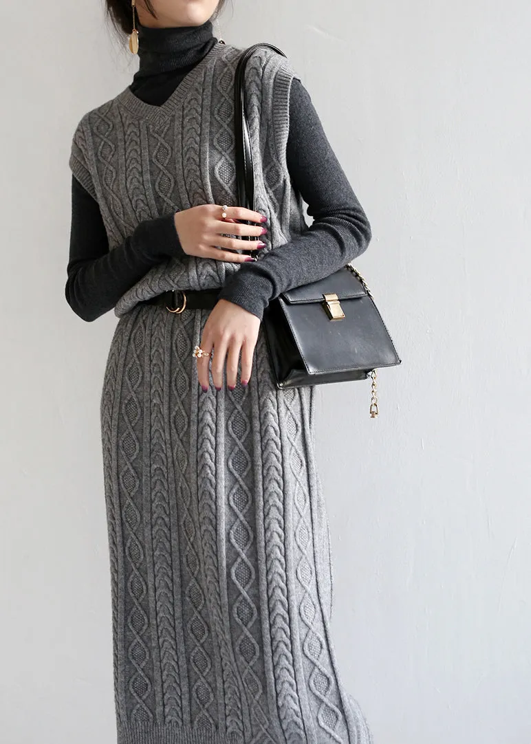 Modern Grey V Neck Cable Long Knit Waistcoat Sweaters Dress Fall LY9981