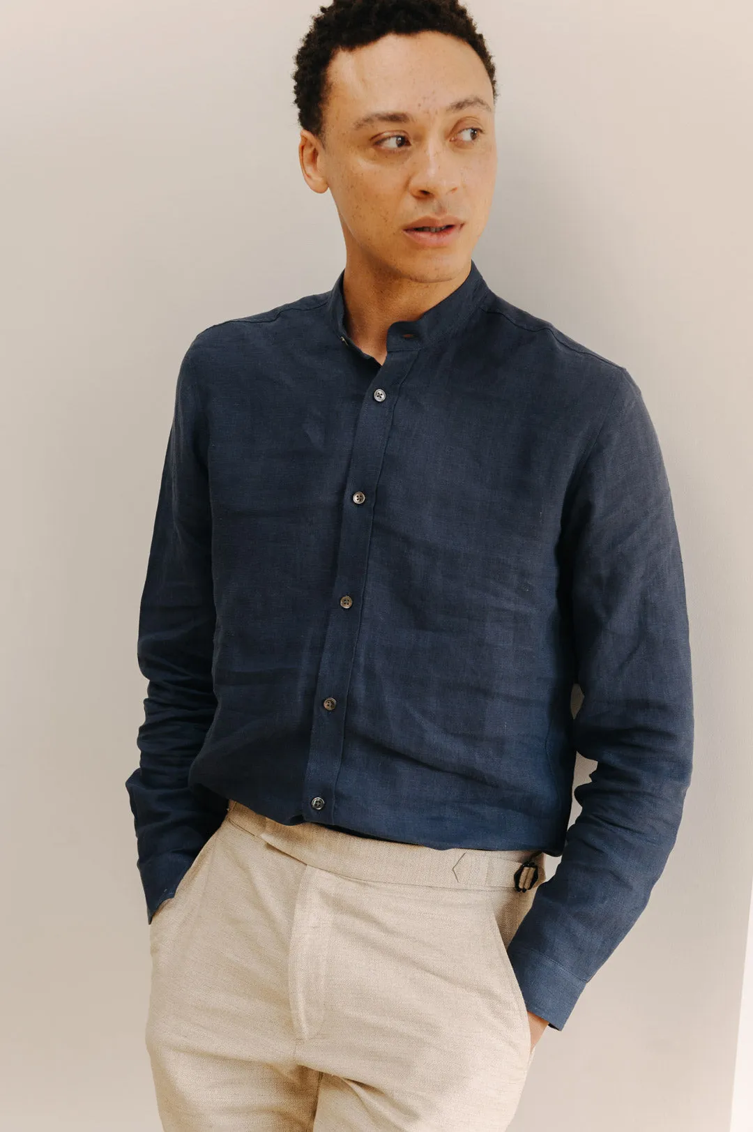 Navy Linen Grandad Shirt