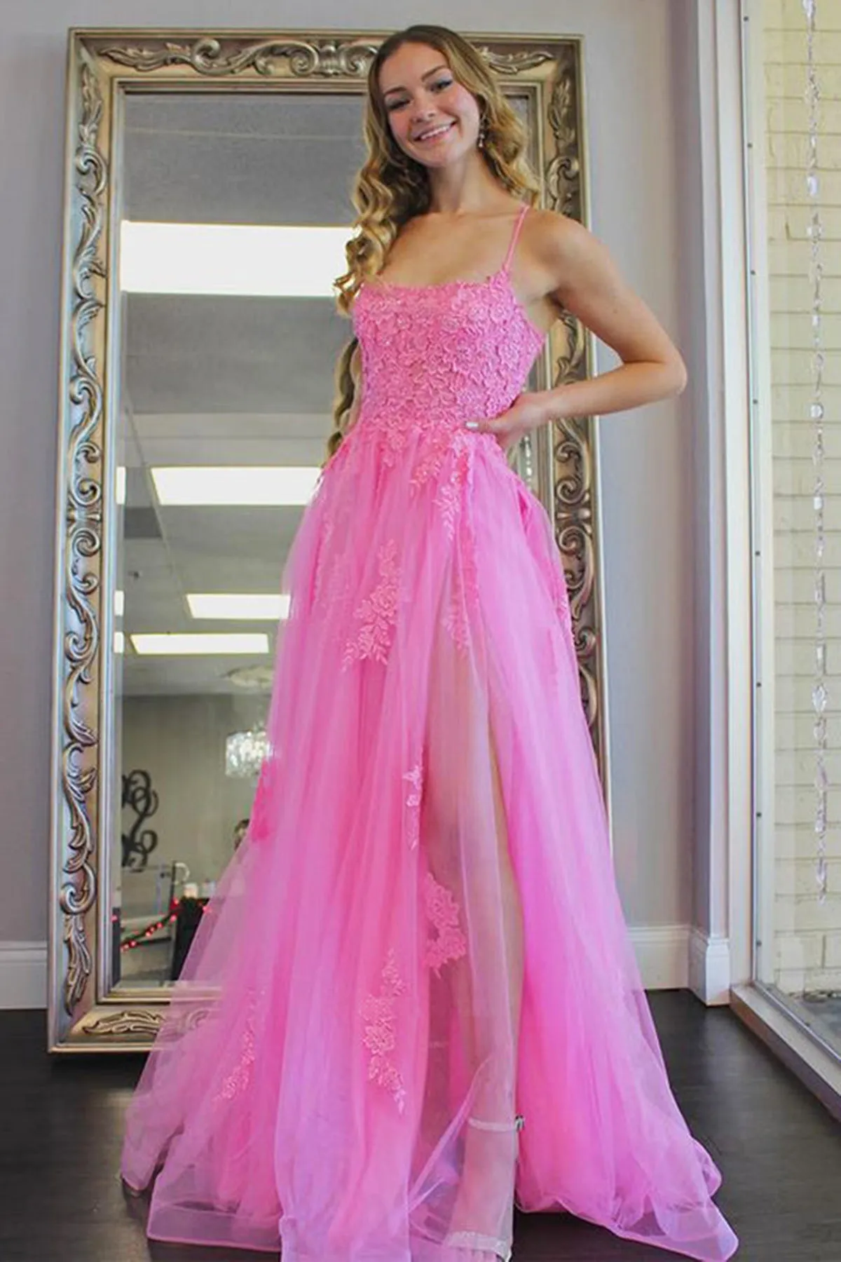 Open Back Pink Lace Long Prom Dress with High Slit, Backless Pink Formal Dress, Pink Lace Evening Dress A1475