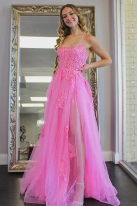 Open Back Pink Lace Long Prom Dress with High Slit, Backless Pink Formal Dress, Pink Lace Evening Dress A1475