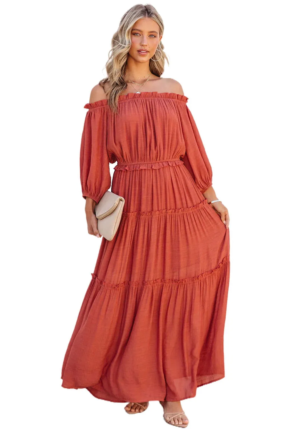 Orange Off Shoulder Balloon Sleeve Cutout Ruffled Maxi Dress