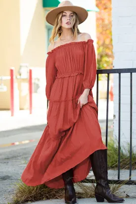 Orange Off Shoulder Balloon Sleeve Cutout Ruffled Maxi Dress