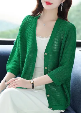 Organic Green V Neck Hollow Out Patchwork Knit Cardigan Summer