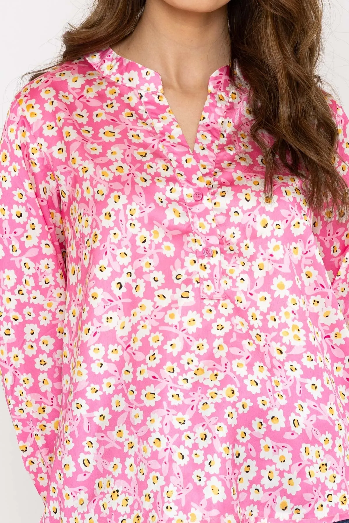 Pink Print Sateen Collarless Shirt