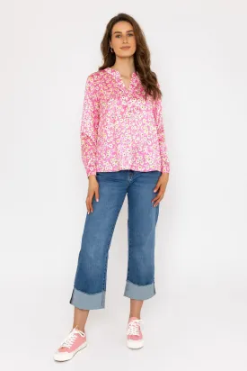 Pink Print Sateen Collarless Shirt