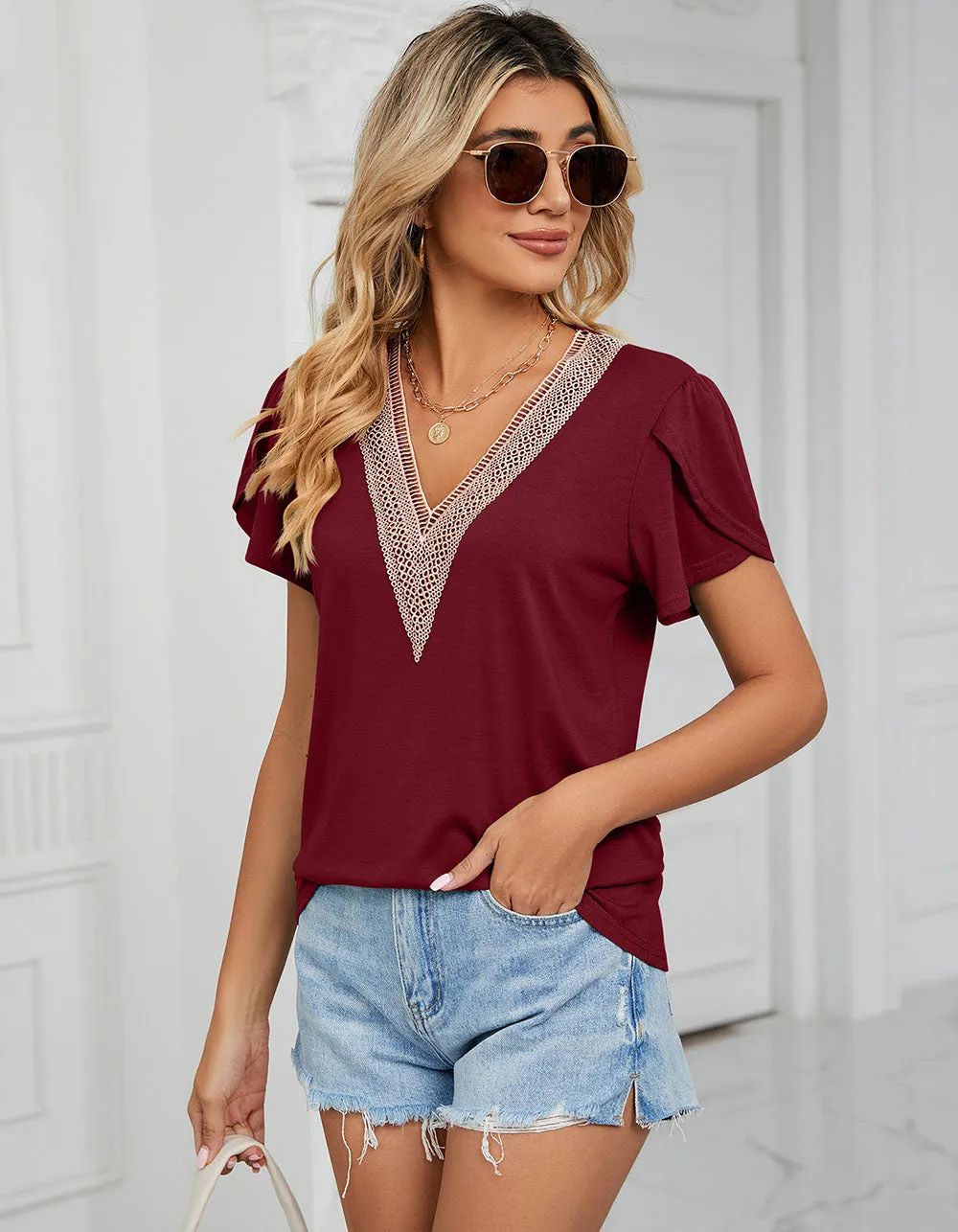 Plain Gold Lace V Neck Short Sleeve T-shirt