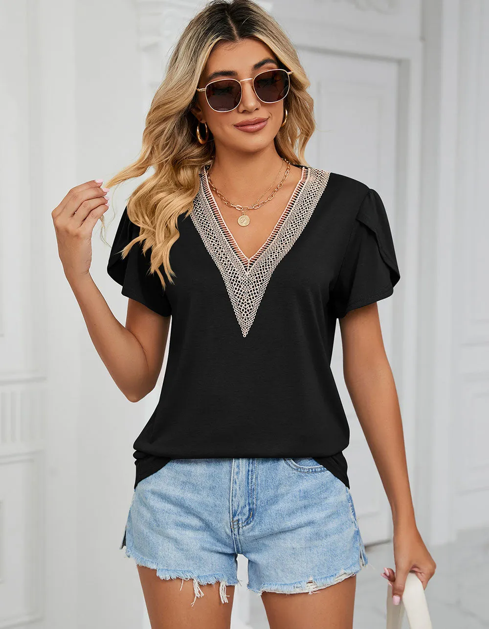 Plain Gold Lace V Neck Short Sleeve T-shirt